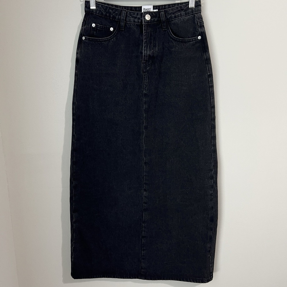 Princess Polly Long Maxi Skirt Women's Size 4 Black Denim Leg Slit 100% Cotton